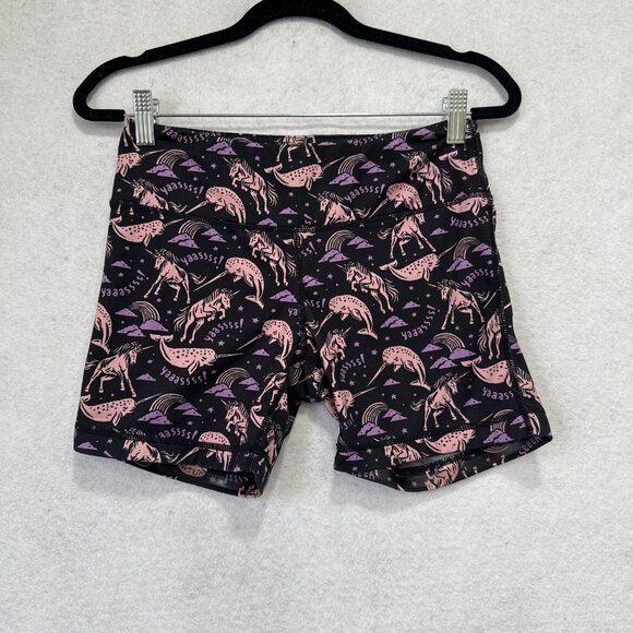 Lab MFG Shorts Womens Small 6 Black Pink Purple Unicorn Rainbow Yoga Compression - Picture 1 of 12